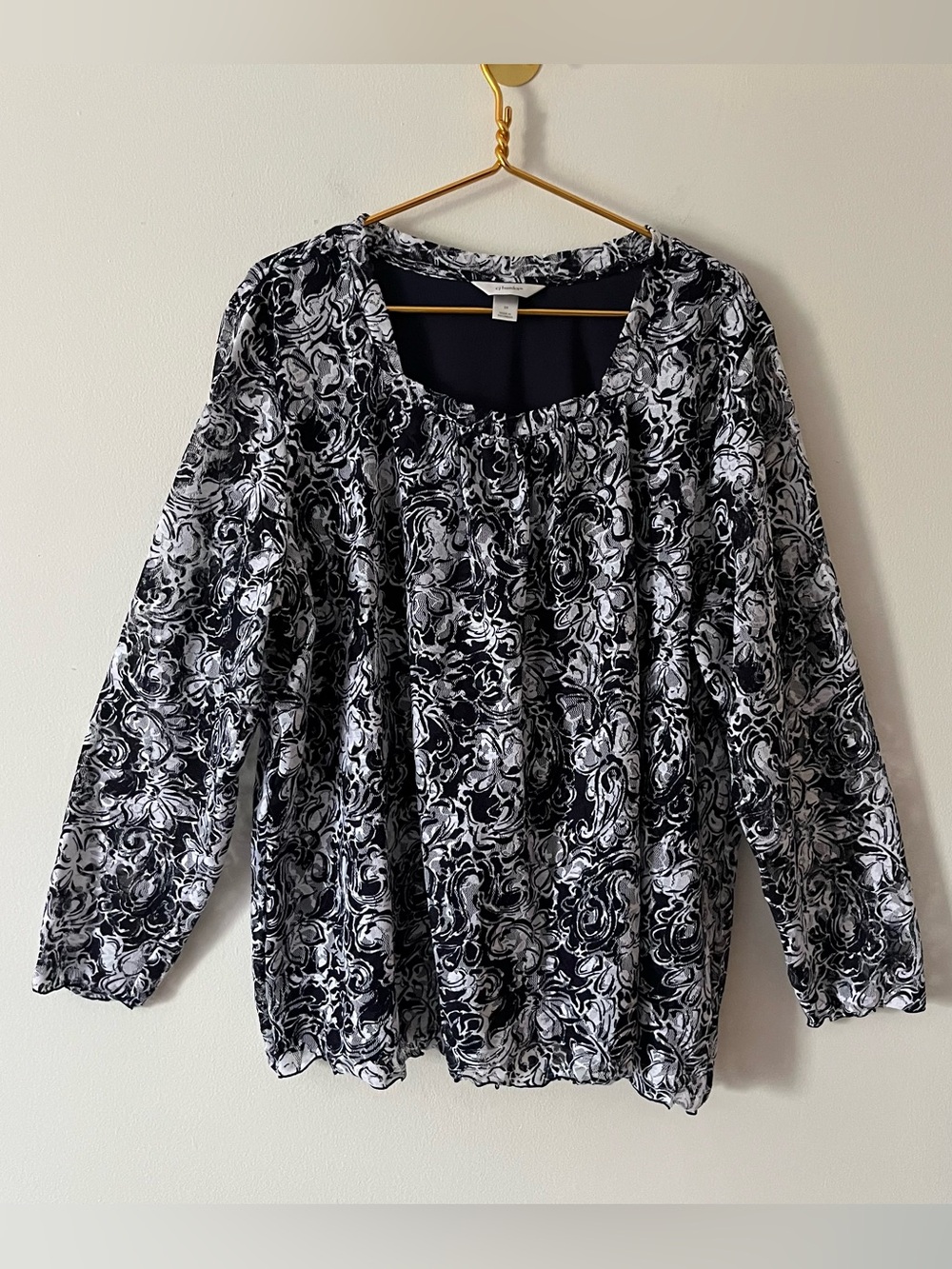 CJ Banks Women’s Navy Blue Top W/ White Sheer Mesh Lace Overlay Modest Flowy 3X